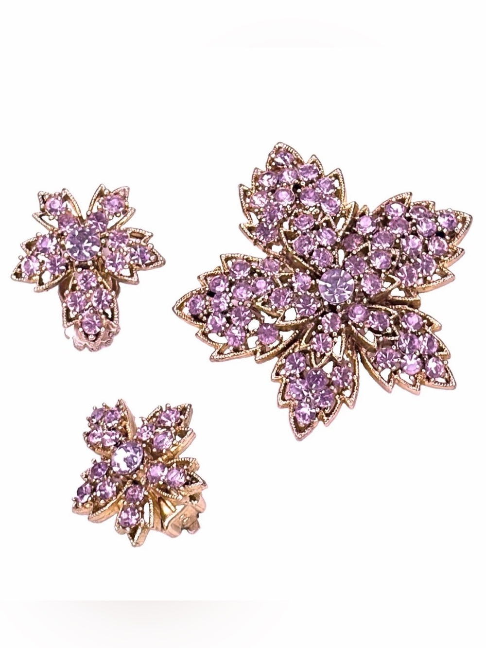 Vintage 1950s-60s Pink Rhinestone Floral Brooch & Clip-On Earrings Set Unsigned
